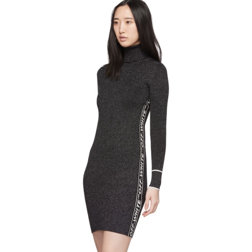 Off-White Silver and Black Lurex Logo Turtleneck Dress